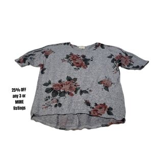 Size 1X Gray Floral Short Sleeve Top Rose Graphic Print Bobbie Brooks Soft Boho